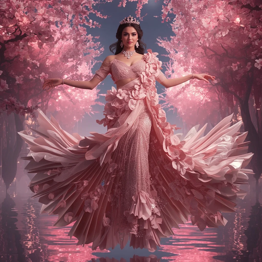 Crystal Cherry Blossom Saree with Floating Petal River Empire | Best Prompt For Traditional Look For Girl Chatgpt