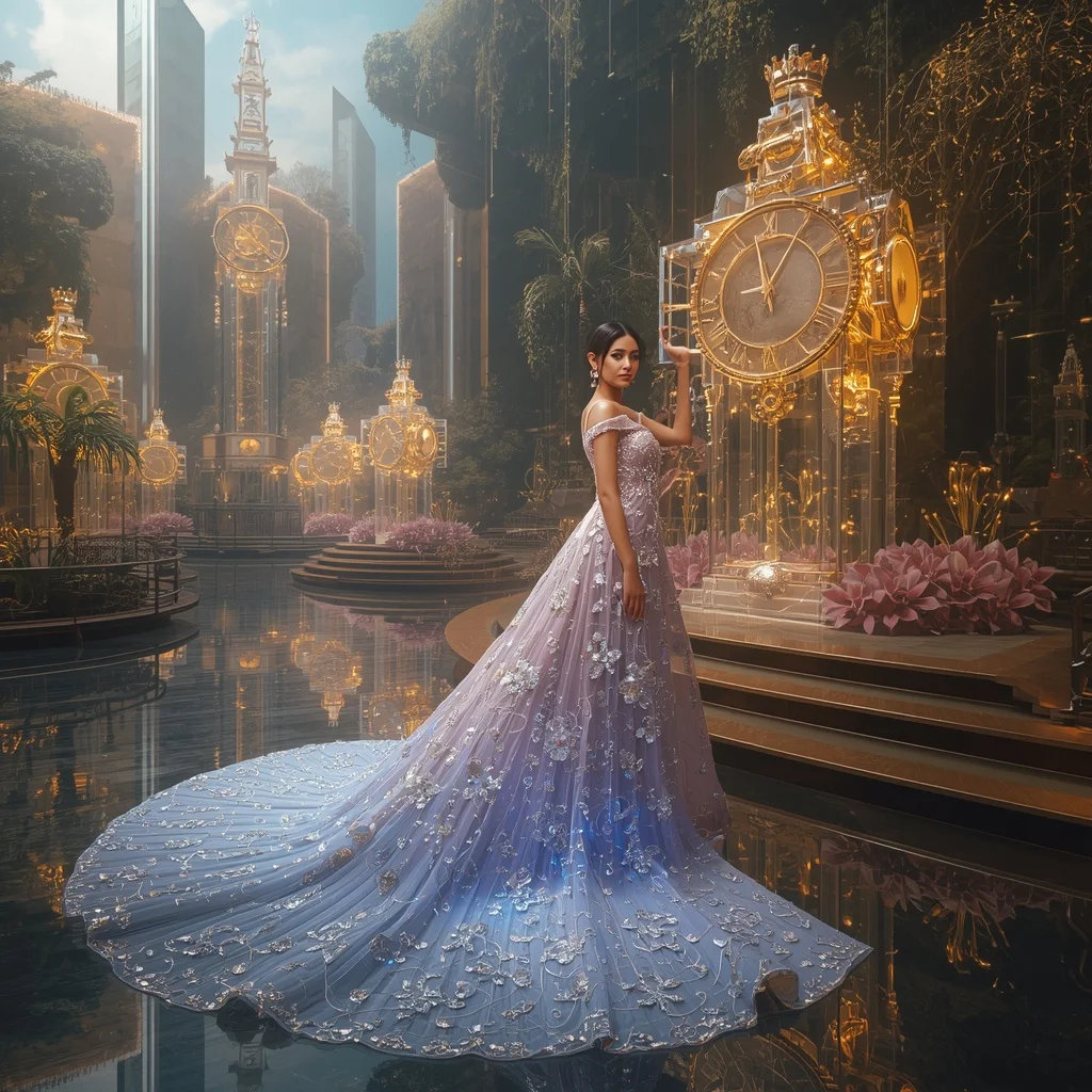 Crystal Clock Tower Saree with Floating Royal Time Garden | Ai Selfie Prompt