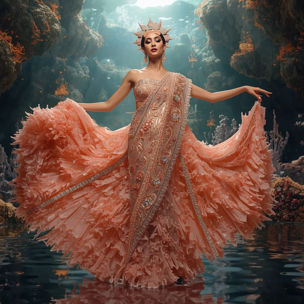Crystal Coral Palace Saree with Floating Reef Cathedral | Happy Ai Prompt