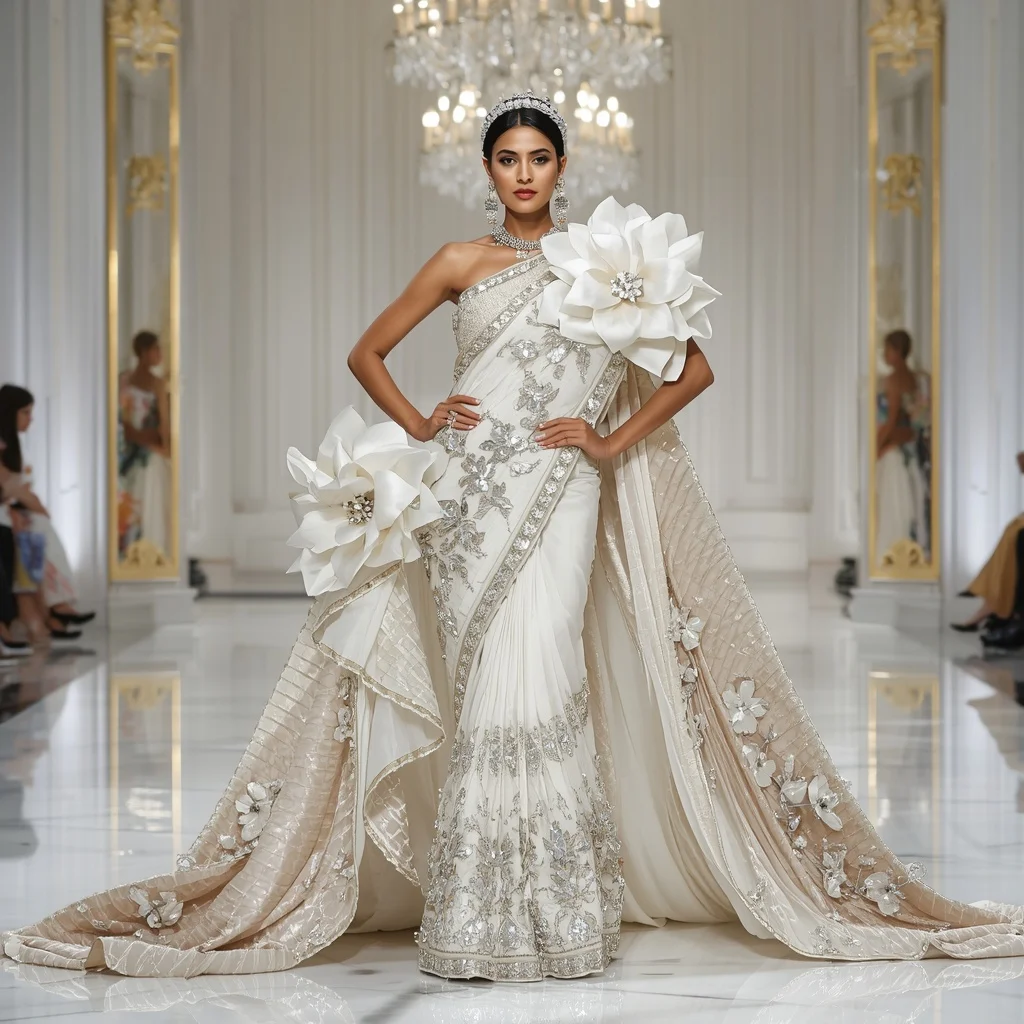 Crystal Crown Blossom Saree with Royal White Palace Hall | New Instagram Trend Prompt For Girl Copy And Paste