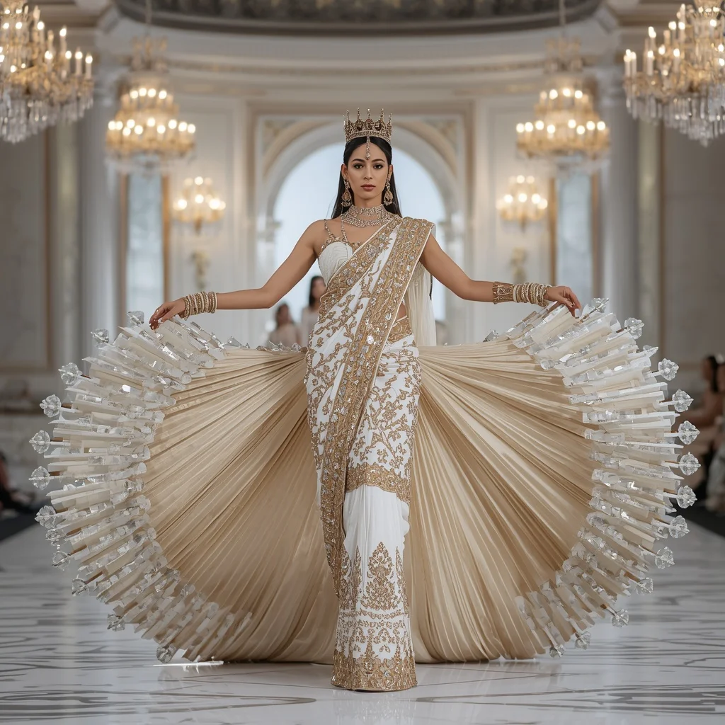 Crystal Crown Palace Saree with Royal White Dome Hall | Motivation Ai Prompt