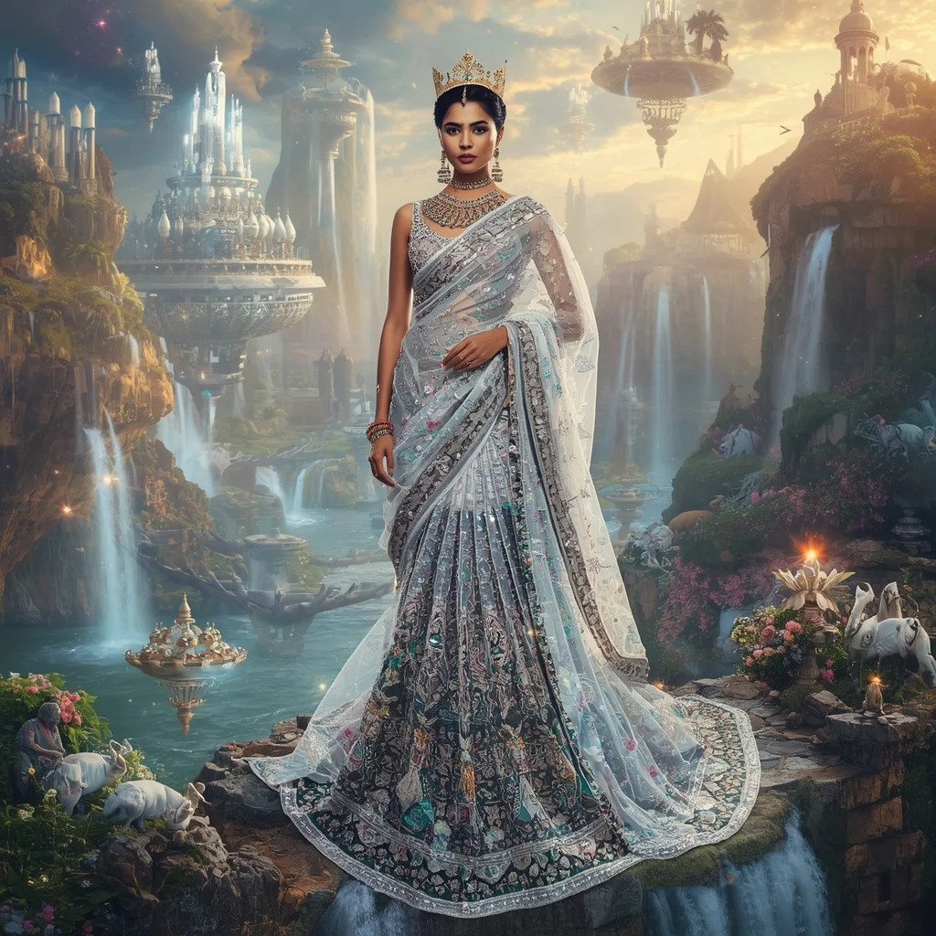 Crystal Crown Waterfall Saree with Floating Royal Paradise | Gemini Ai Prompt For Instagram
