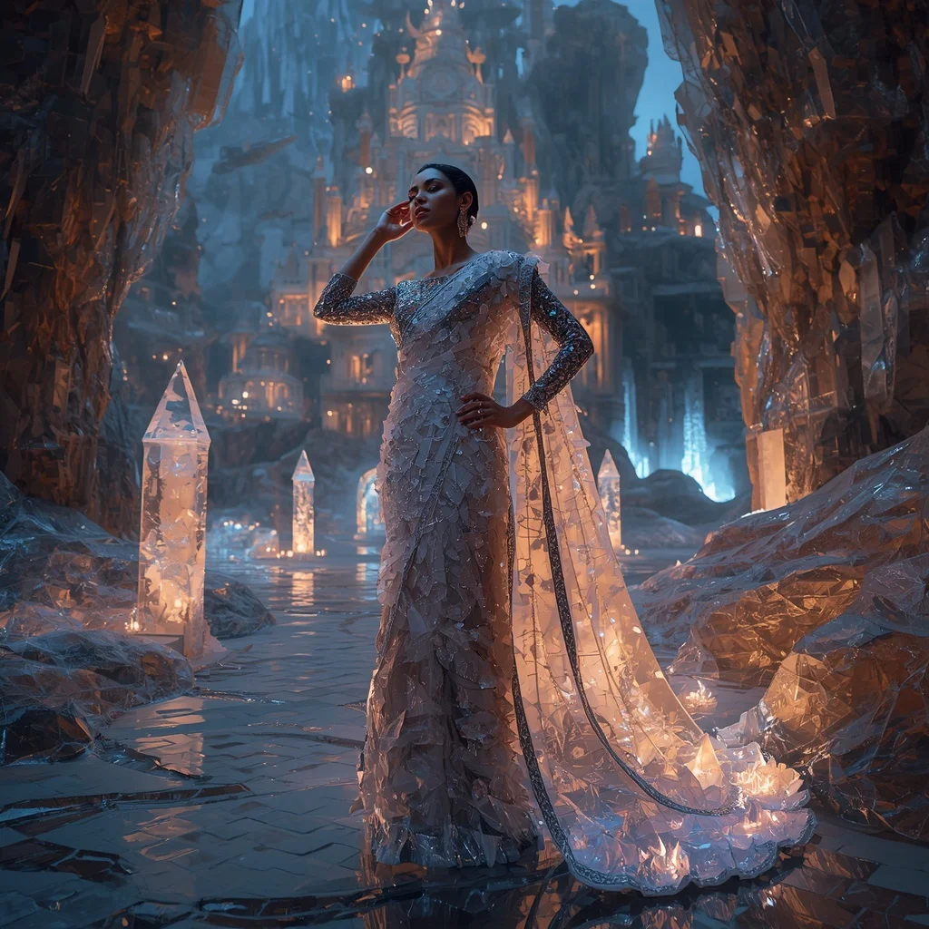 Crystal Crystal-Cave Saree with Floating Gemstone Mountain Palace | Female Model Ai Prompt
