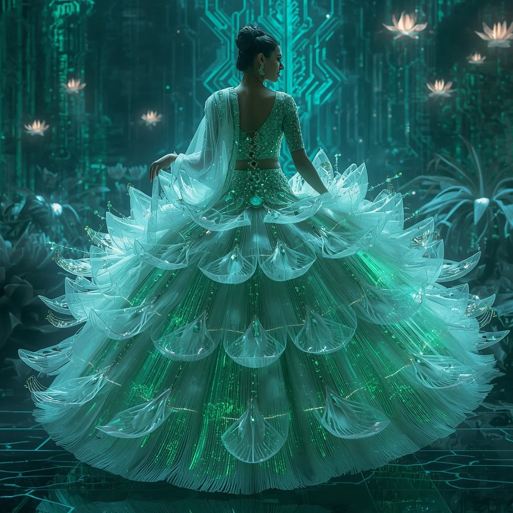 Crystal Cyber Lotus Saree with Neon Bio-Digital Garden Empire | Instagram Model Ai Prompt