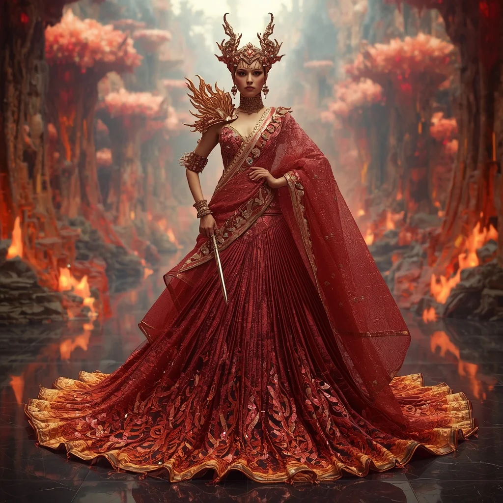Crystal Dragon Garden Saree with Floating Fire Blossom Empire