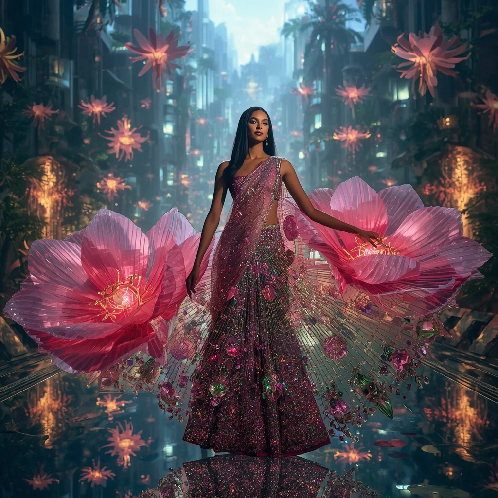 Crystal Dragonfruit Bloom Saree with Floating Tropical Prism City | ChatGPT Photo Editing Prompts Trending Instagram For Girl