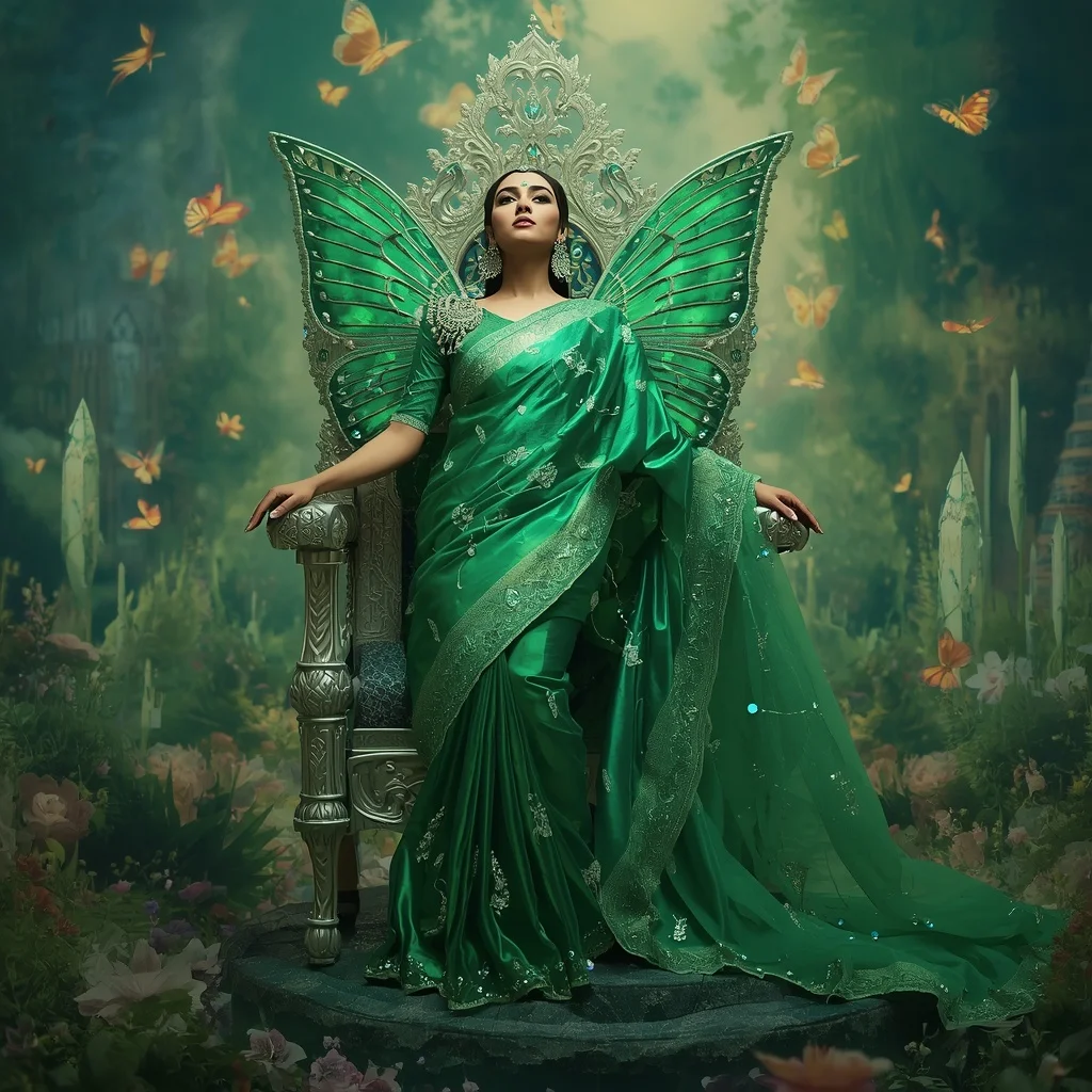 Crystal Emerald Butterfly Throne Saree with Floating Floral Kingdom | Prompt For Gemini Ai Girl Model Instagram