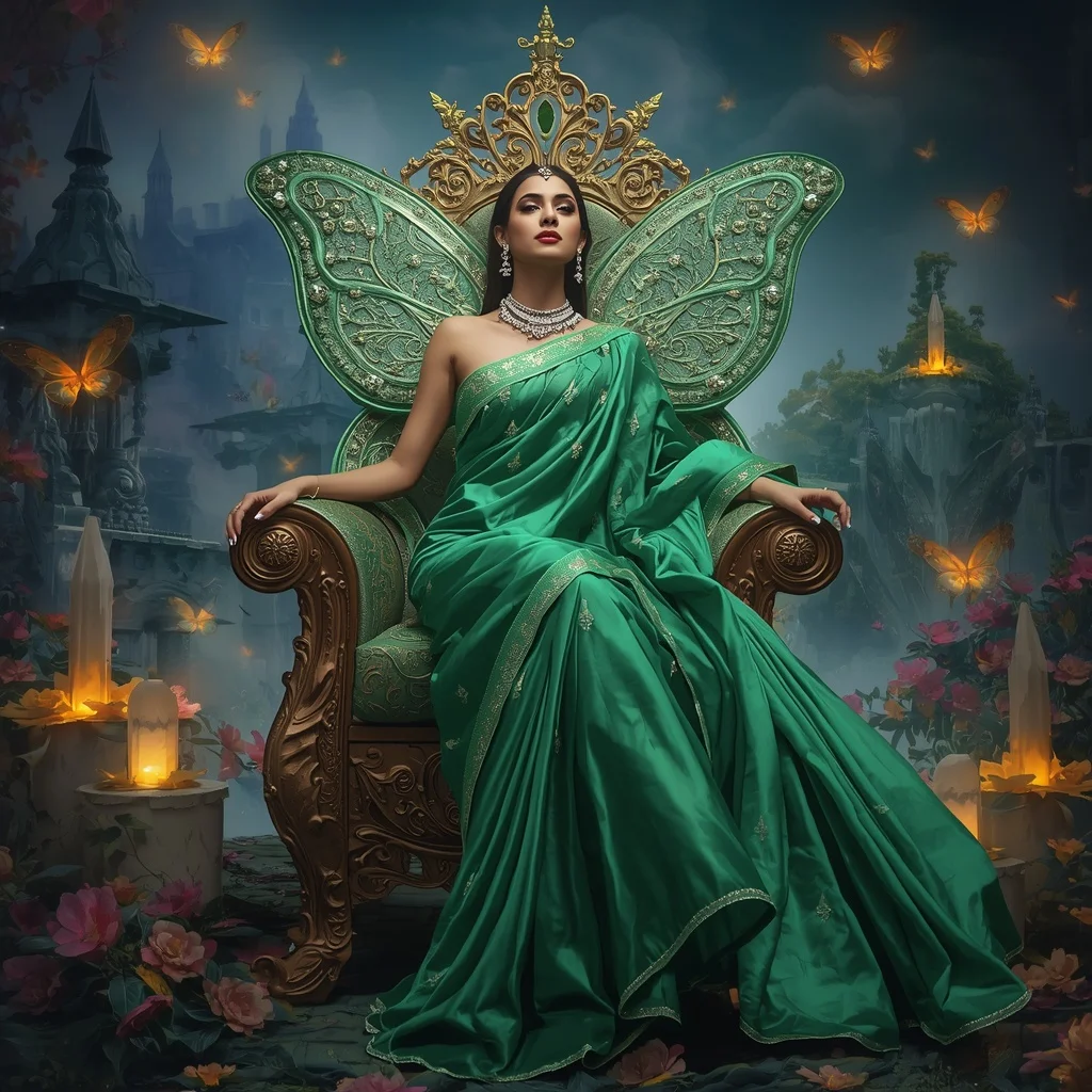 Crystal Emerald Butterfly Throne Saree with Floating Floral Kingdom | Prompt Seen Trending Girl Instagram