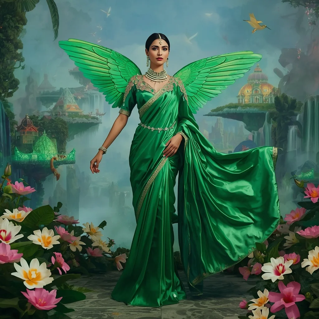 Crystal Emerald Hummingbird Palace Saree with Floating Paradise Empire | Prompt Ai For Girl Aesthetic
