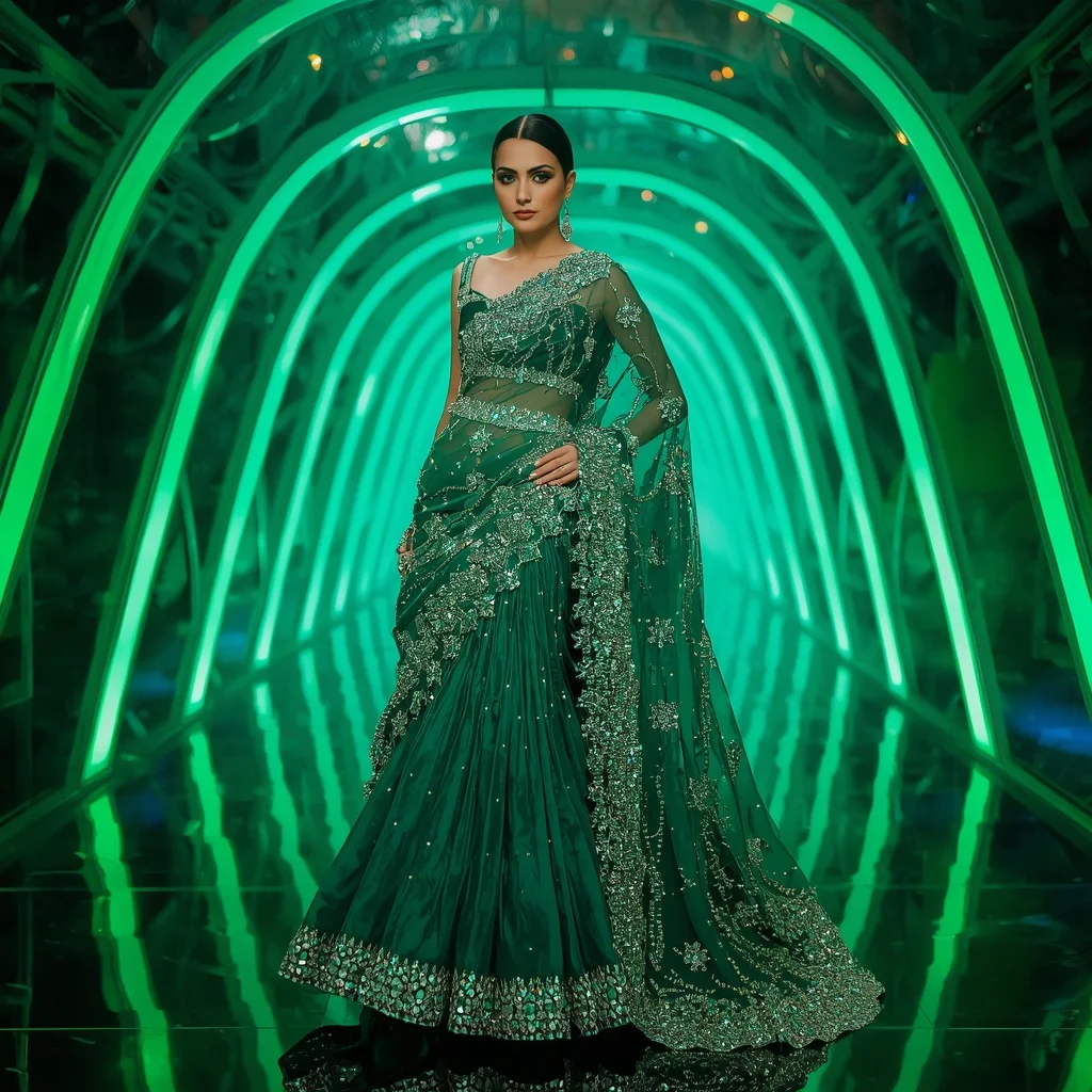 Crystal Emerald Velocity Saree with Neon Ribbon Reflection Galaxy Infinity Hall | Copy Paste Ai Prompt