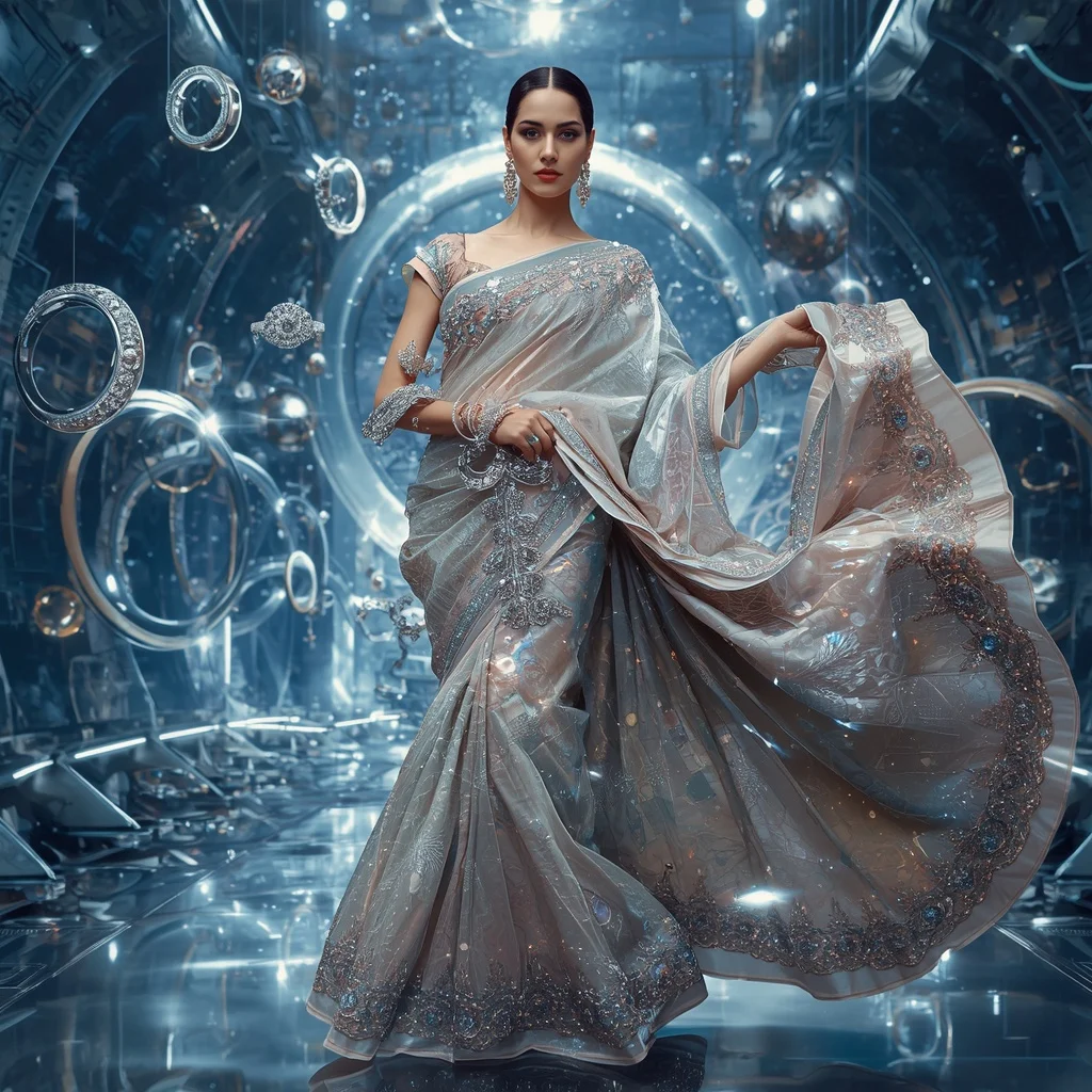 Crystal Fashion Galaxy Saree with Floating Luxury Ring Metropolis | Ai Art Prompt