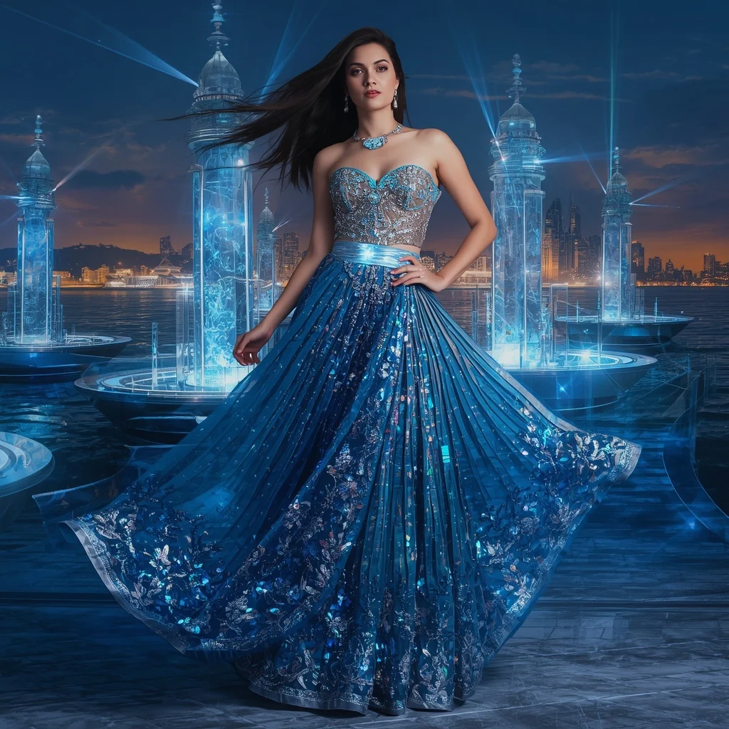 Crystal Fashion Lighthouse Saree with Modern Coastal Skyline Realm | Image Prompt