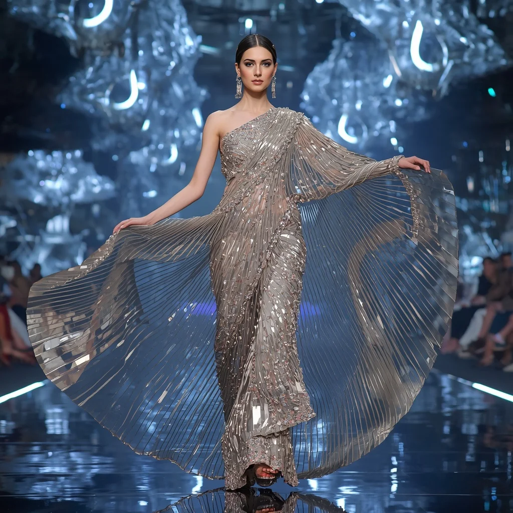 Crystal Fashion Raceway Saree with Floating Luxury Hyperloop Empire | Gemini Ai Prompt