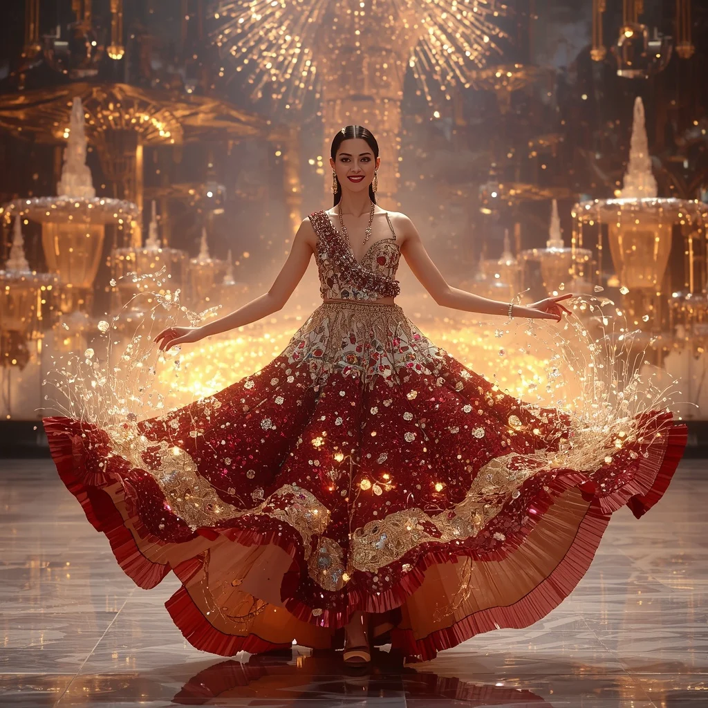 Crystal Firework Fountain Saree with Floating Celebration Paradise | New Instagram Trend Prompt For Girl And Boy Copy And Paste