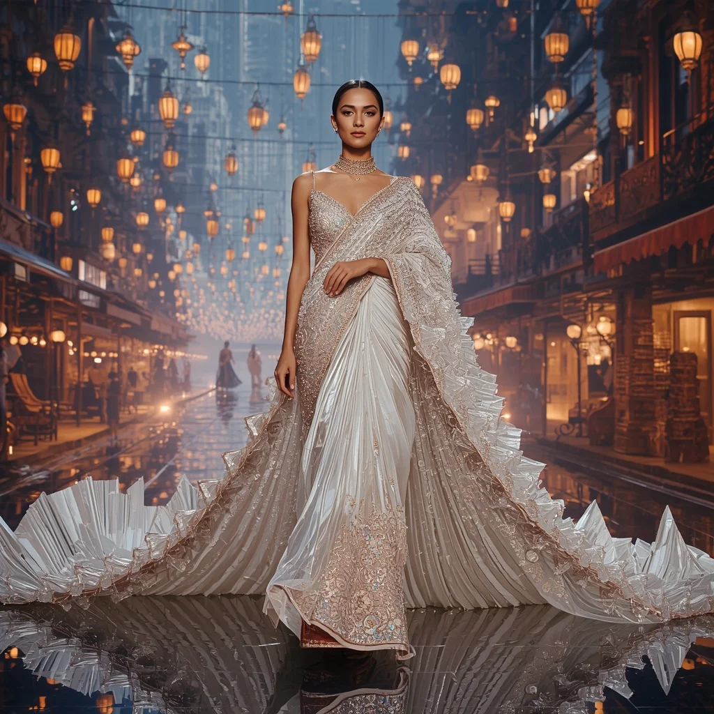 Crystal Floating Bazaar Saree with Hanging Lantern Sky Streets | Desi Girl Ai Prompt