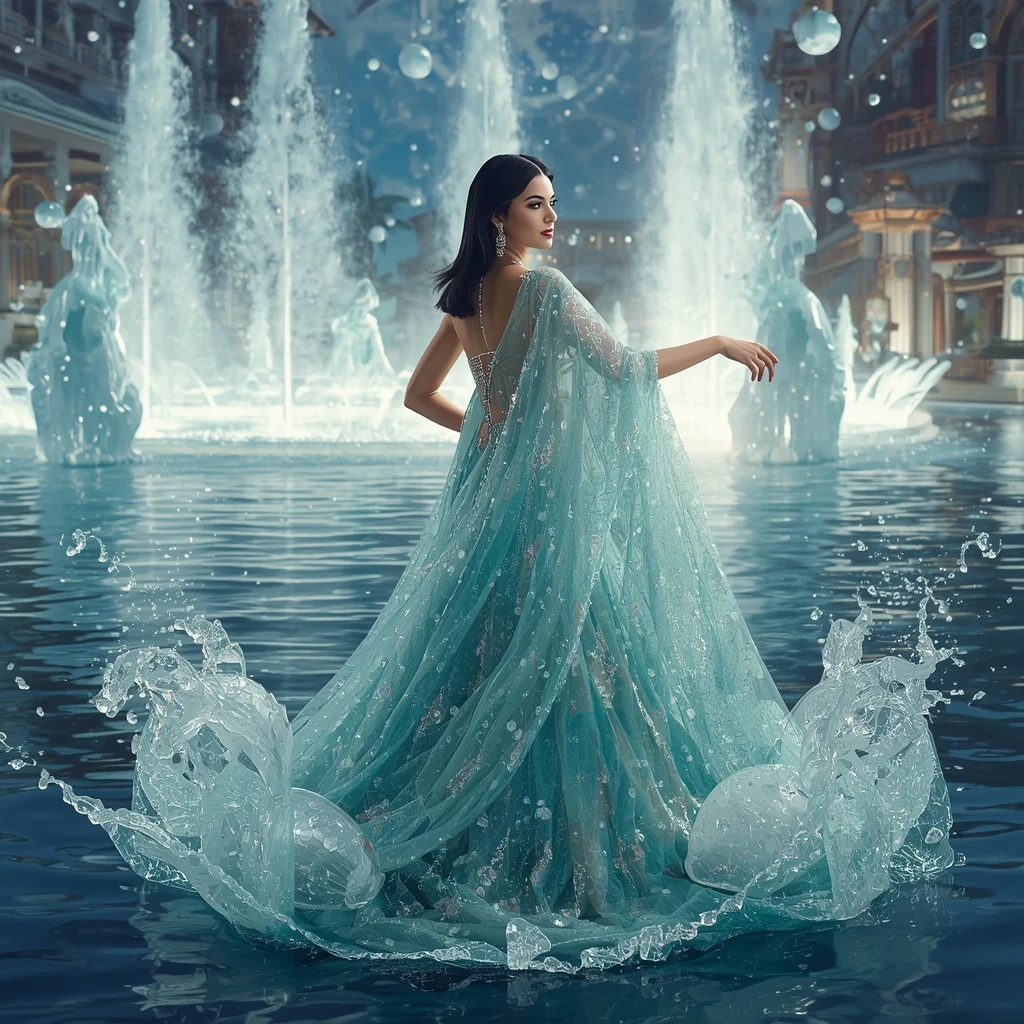 Crystal Floating Fountain Saree with Luxury Water Plaza Kingdom | Ai Image Generator Prompt