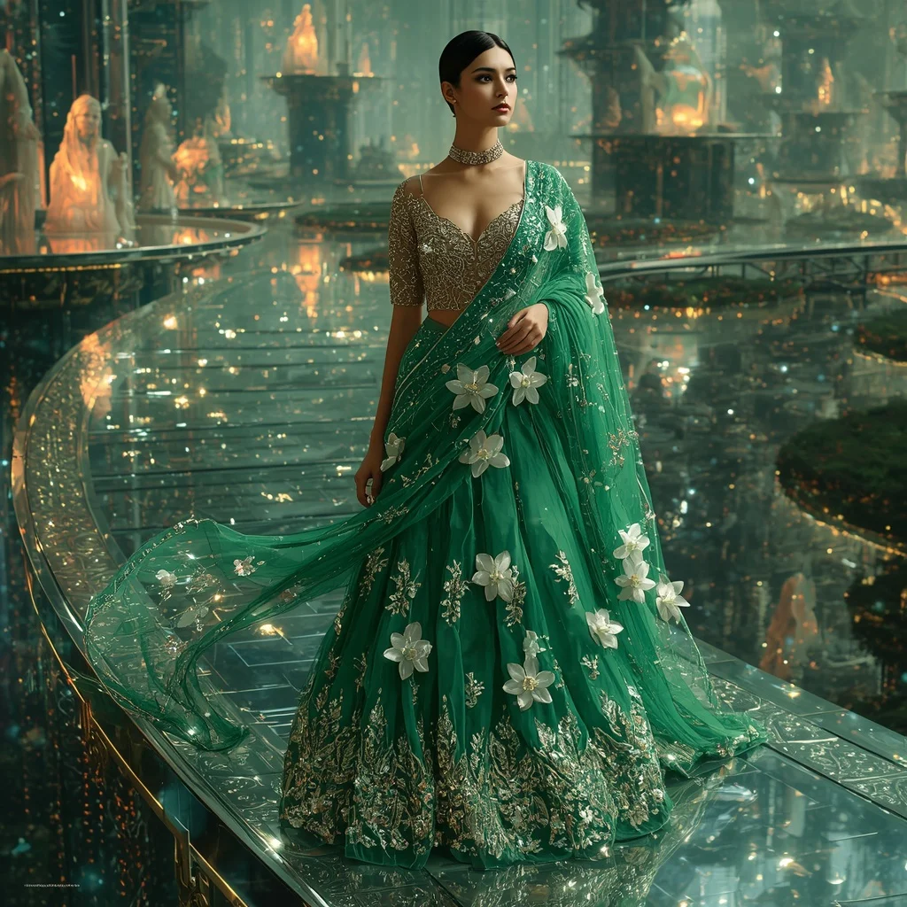 Crystal Floating Terrace Saree with Luxury Sky Garden Kingdom | Ai Prompt Generator Free