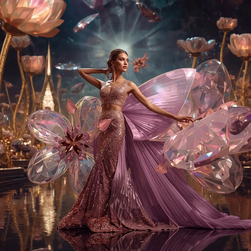 Crystal Geometric Bloom Saree with Luxury Sculpture Garden Universe | Ai Gemini Prompt