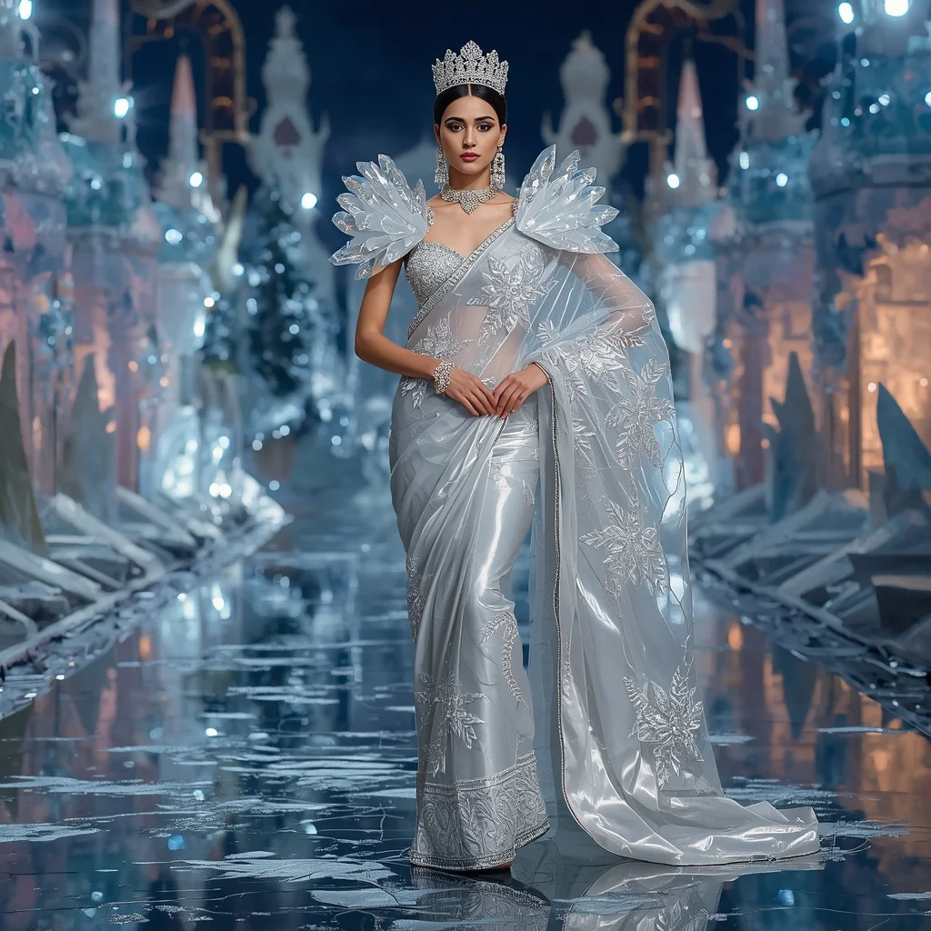 Crystal Glacier Garden Palace Saree with Frozen Reflection Empire | Prompt Engineering