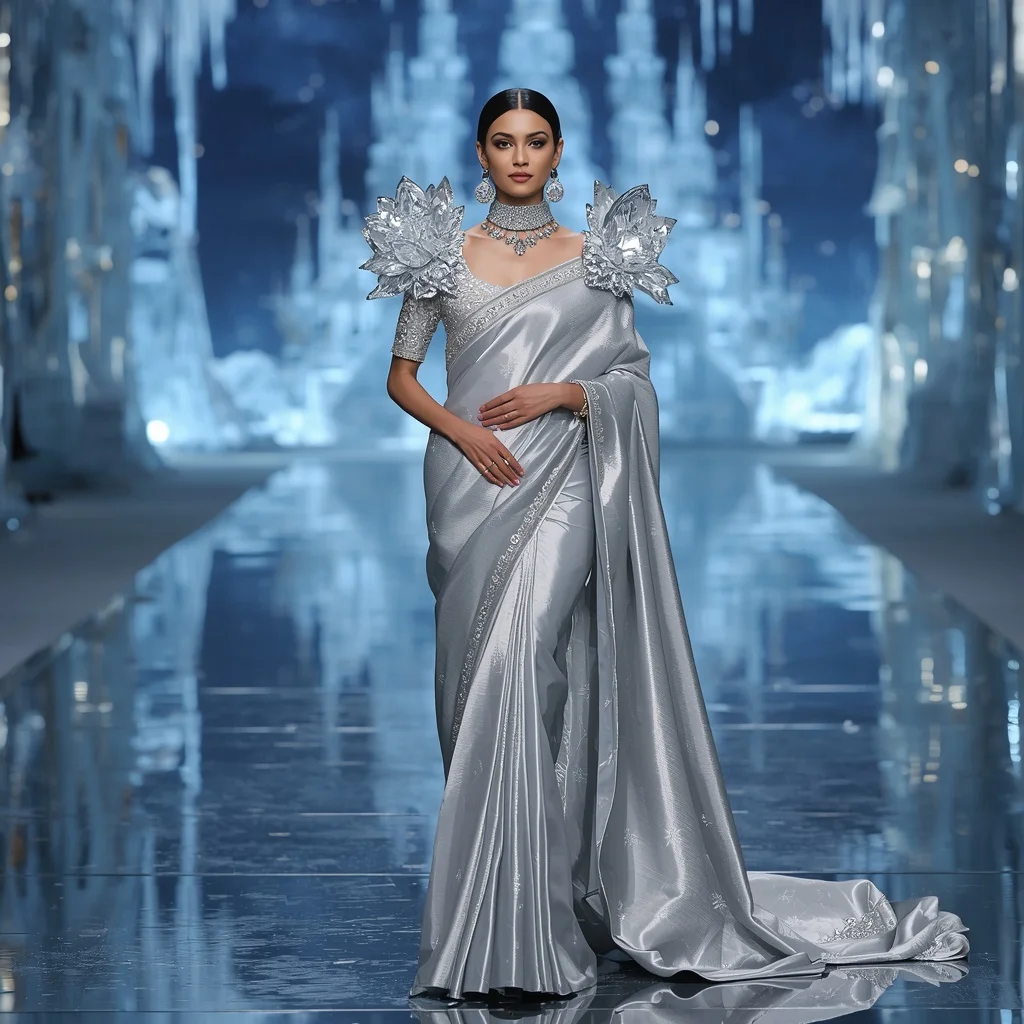 Crystal Glacier Garden Palace Saree with Frozen Reflection Empire | Prompt For Gemini AI Girl