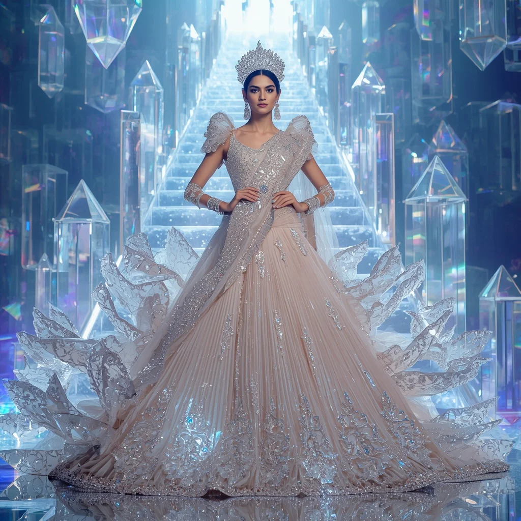 Crystal Glass Castle Saree with Floating Prism Stairway Kingdom | Influencers Ai Prompt