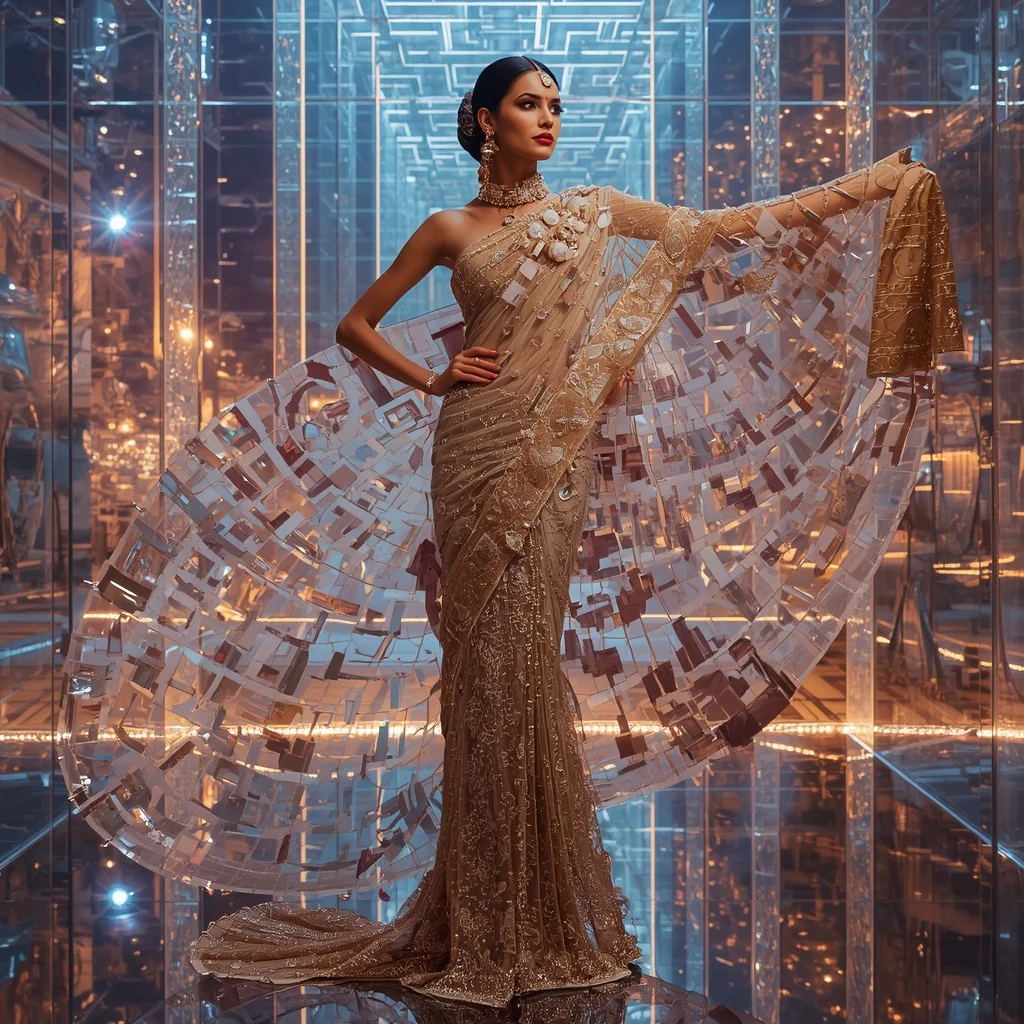 Crystal Glass Labyrinth Saree with Floating Reflection Maze Universe | Prompt For Gemini AI Girl Model