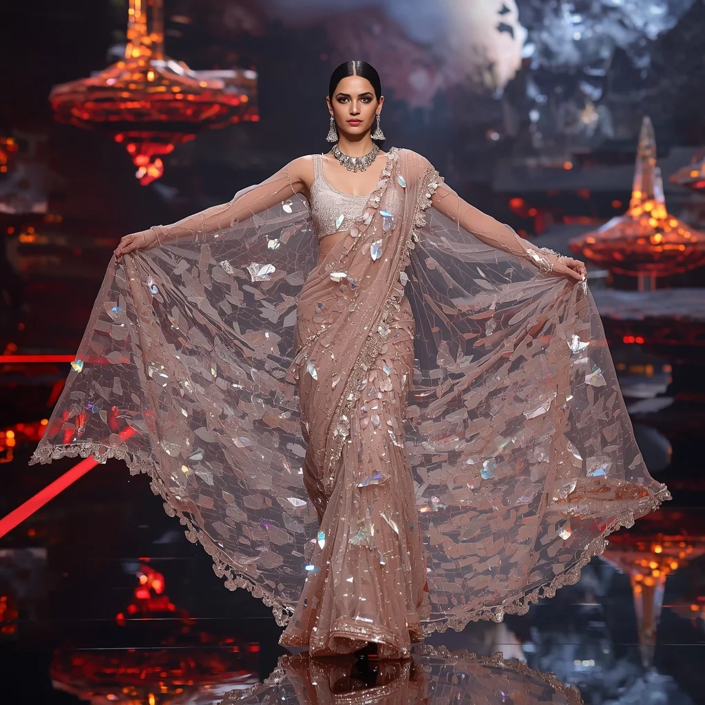 Crystal Glass Volcano Saree with Floating Prism Lava Kingdom | Attitude Girl Prompt