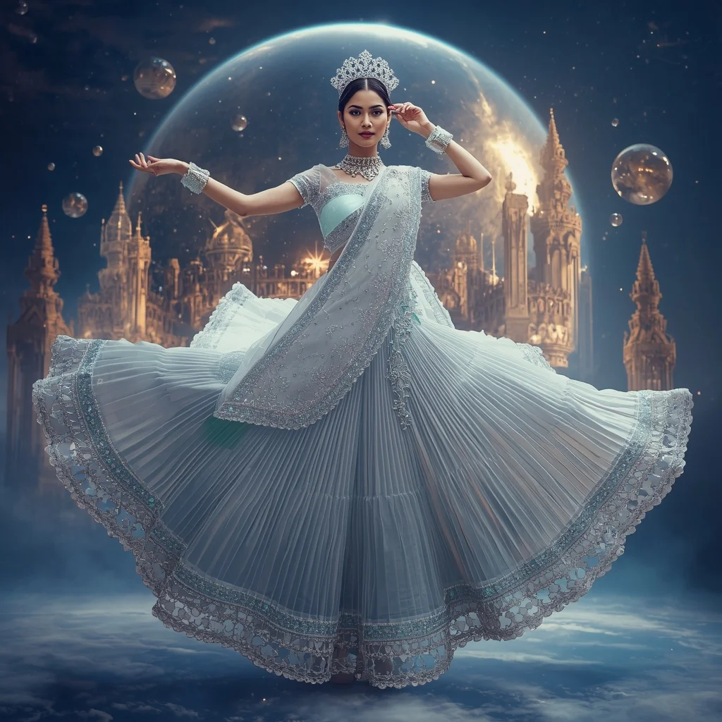 Crystal Gravity Crown Saree with Floating Anti-Gravity Royal Sphere | Beautiful Woman Ai Prompt