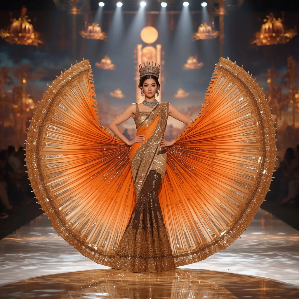 Crystal Horizon Crown Saree with Floating Sunset Festival Megakingdom | Female Model Ai Prompt
