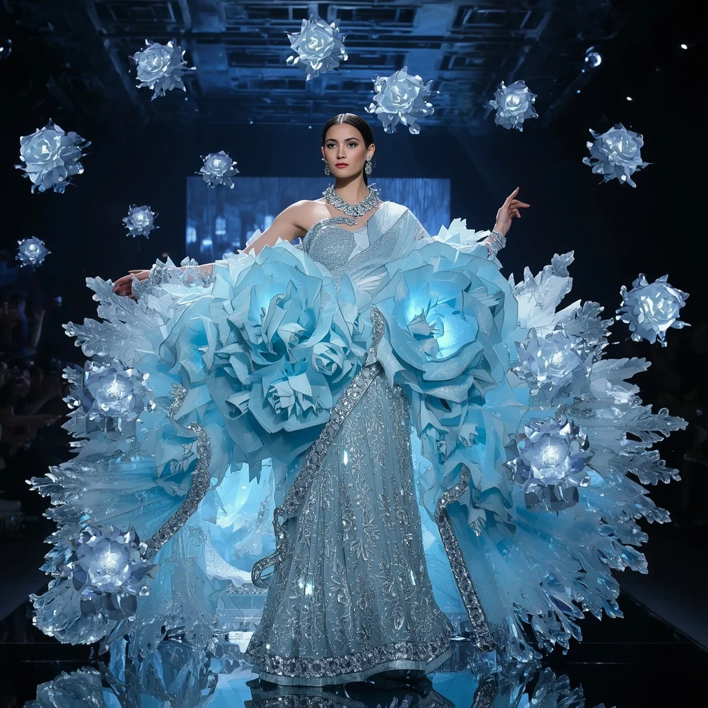 Crystal Ice Crystal Rose Saree with Frozen Bloom Galaxy Empire | Fantasy Ai Prompt