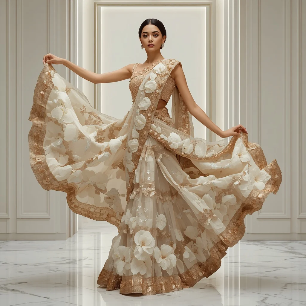 Crystal Infinity Peony Saree with Luxury White Gallery | Grok Ai Prompt