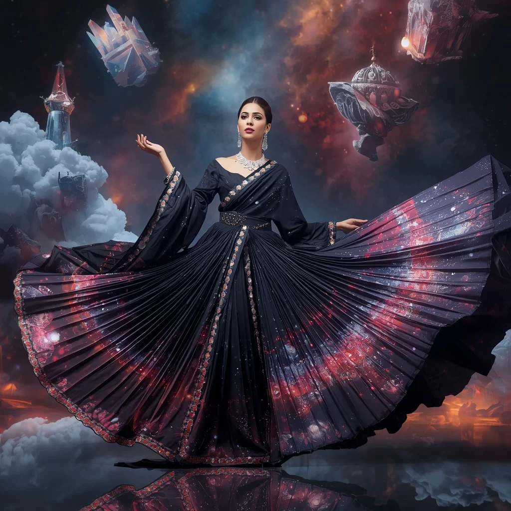 Crystal Ink Galaxy Saree with Floating Cosmic Painting Universe | Gemini Ai Prompt