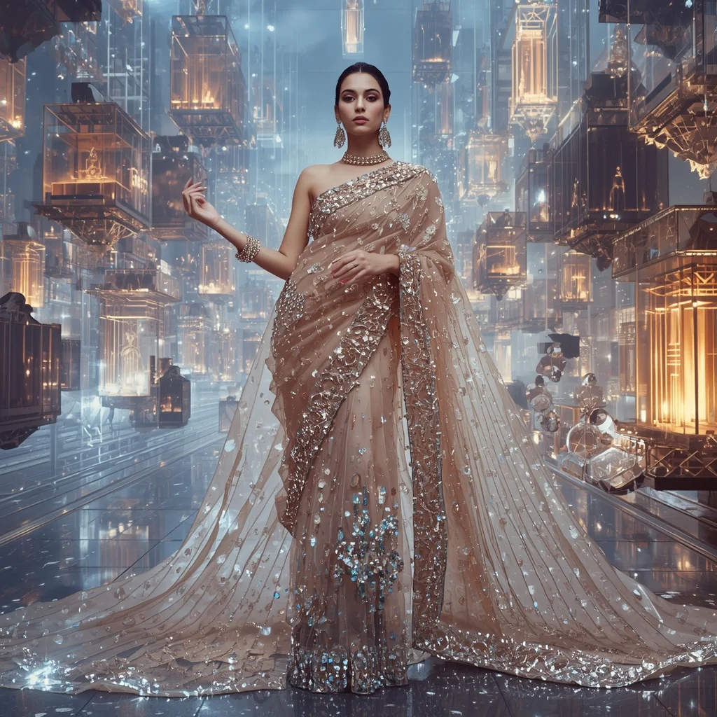 Crystal Jelly Cube Saree with Floating Transparent Metropolis | Prompt Gemini