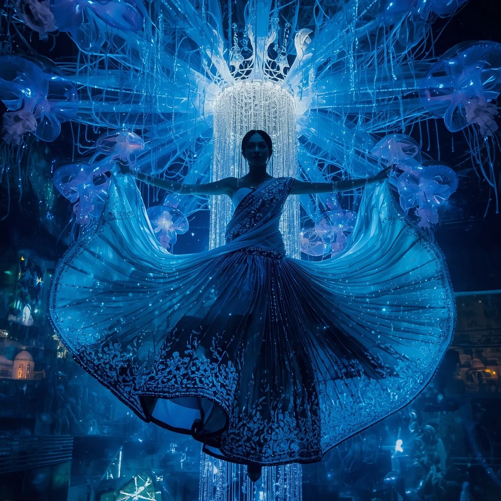 Crystal Jellyfish Palace Saree with Floating Deep Sea Crown Empire | Free Ai Prompt