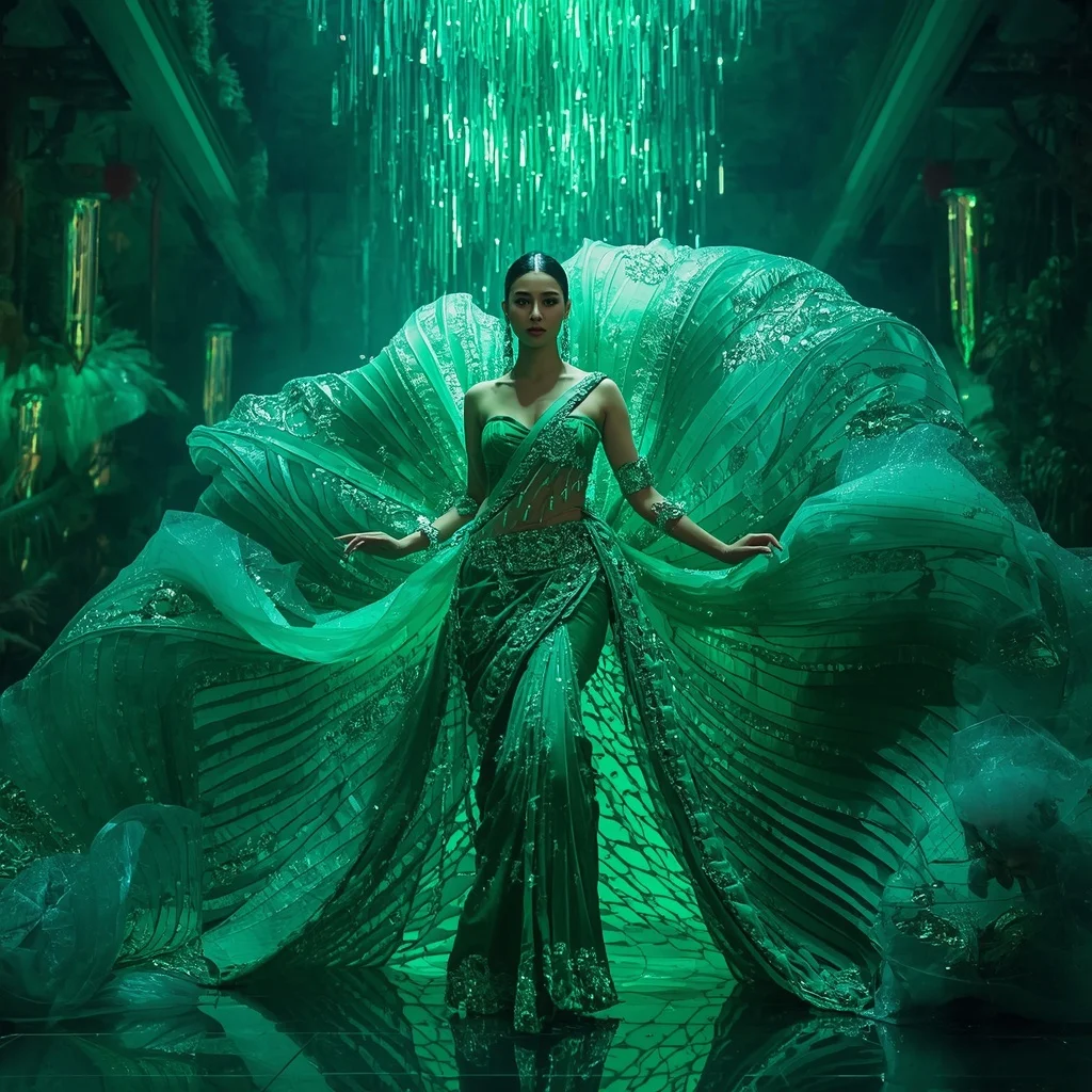 Crystal Jungle Waterfall Saree with Emerald Paradise Megacity | Indian Girl Ai Prompt