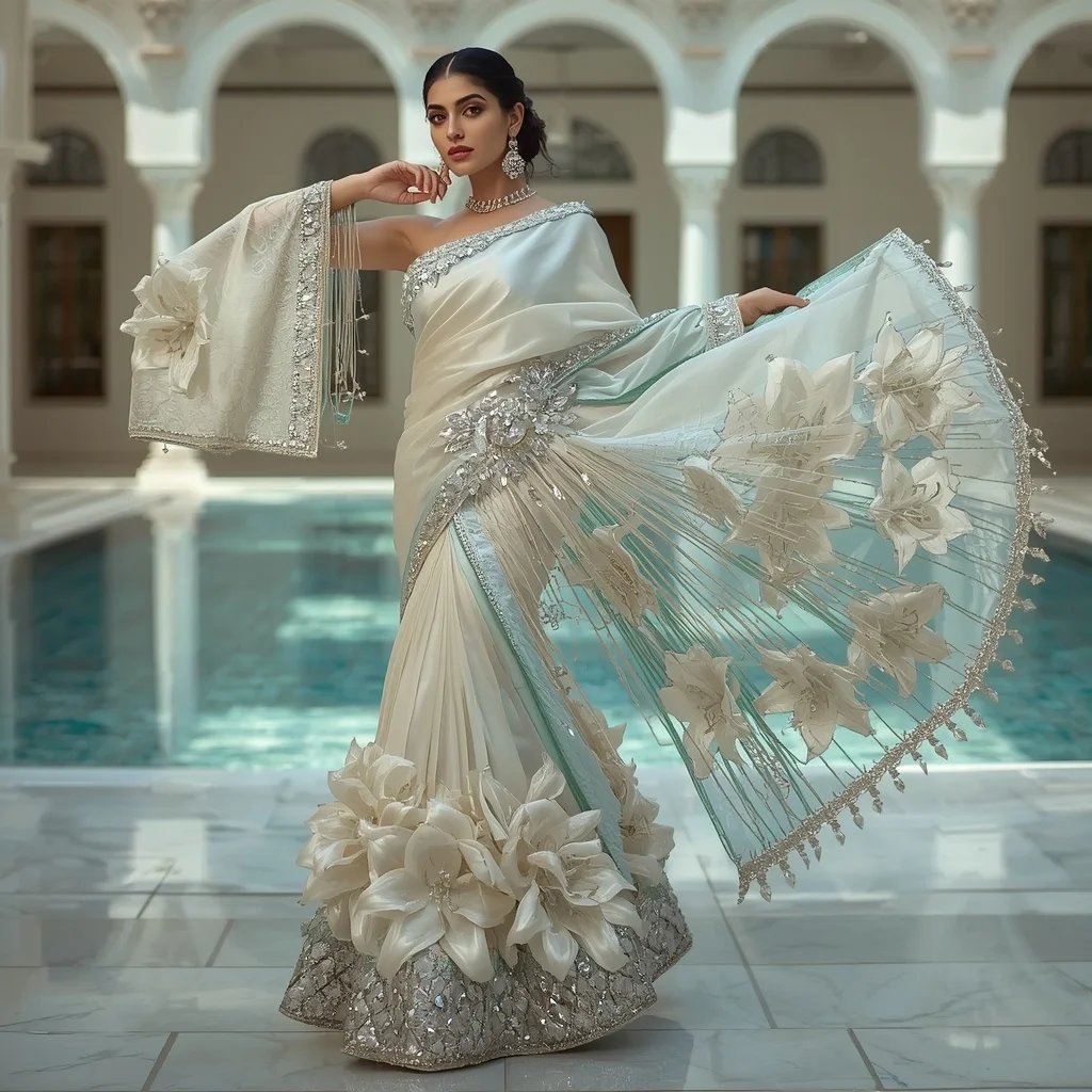Crystal Lily Fountain Saree with Luxury Aqua Courtyard | New Instagram Trend Prompt For Girl