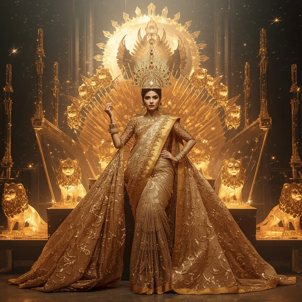 Crystal Lion Crown Saree with Golden Solar Throne Universe | Prompt For Traditional Look For Girl ChatGPT