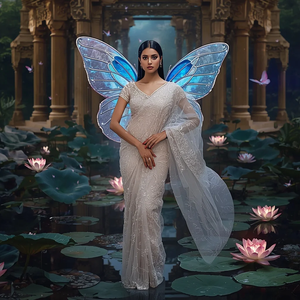 Crystal Lotus Butterfly Saree with Floating Temple Garden Background | Profile Picture Ai Prompt