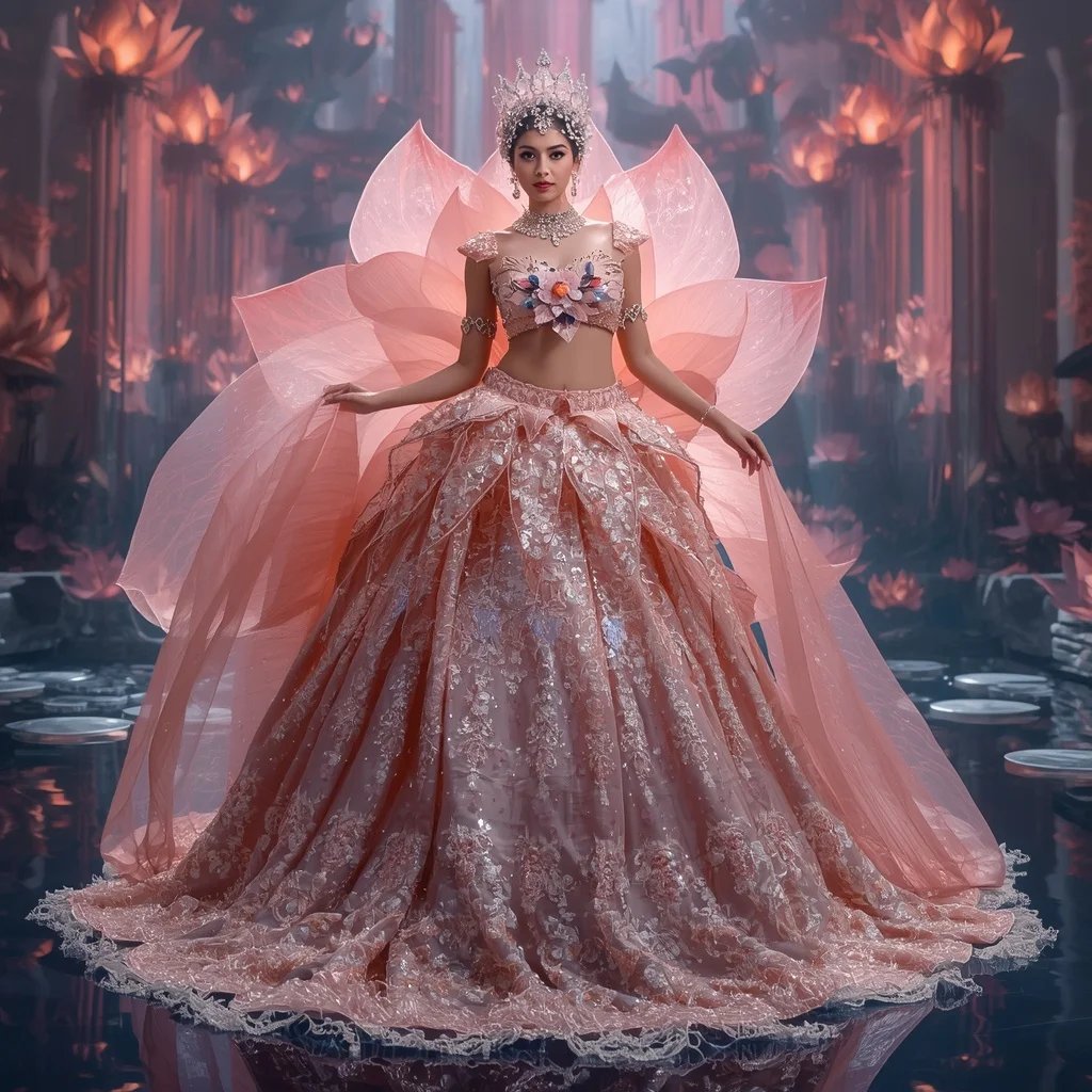 Crystal Lotus Kingdom Saree with Floating Water Palace Garden | Girl Photo Prompt Gemini
