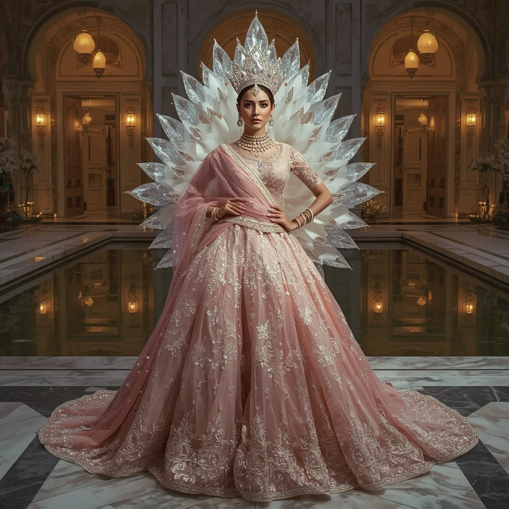 Crystal Lotus Throne Saree with Royal Reflection Courtyard | Prompt Seen Horror Girl