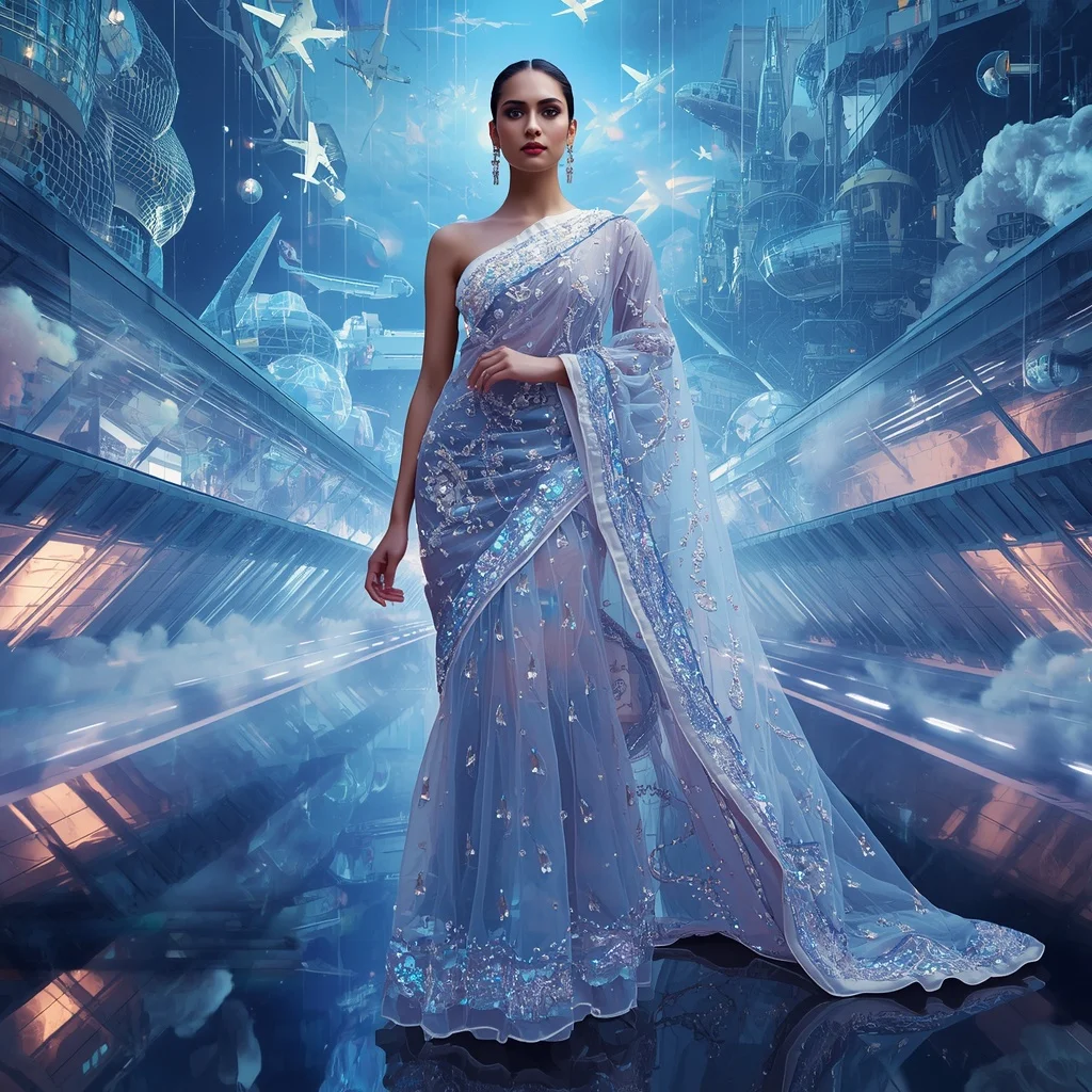 Crystal Luxury Airport Saree with Floating Sky Terminal Empire | Gemini Ai Prompt For Girl