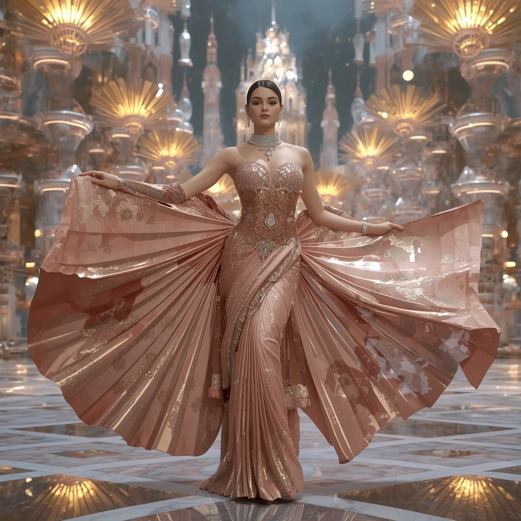 Crystal Luxury Fan Saree with Floating Couture Pavilion City | Ai Image Generator Prompt