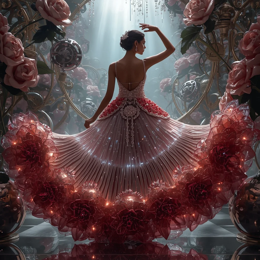 Crystal Mechanical Rose Saree with Floating Clockwork Garden Realm | Fitness Model Ai Prompt