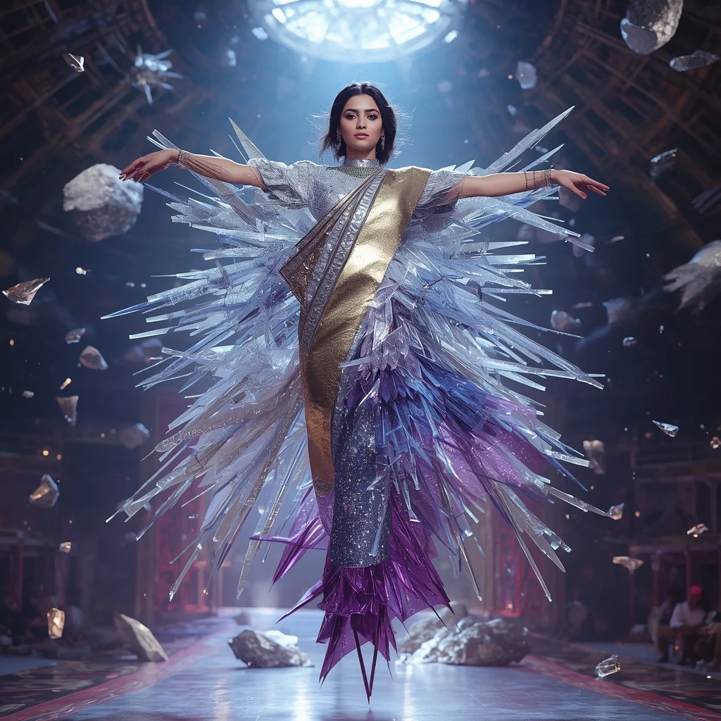 Crystal Meteor Alloy Saree with Cosmic Fragment Arena Dome | Gym Influencer Ai Prompt