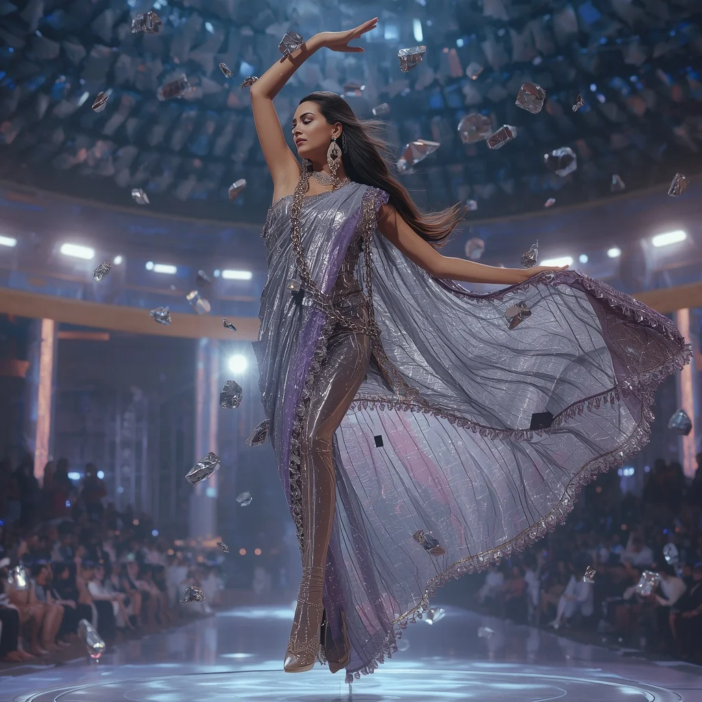 Crystal Meteor Alloy Saree with Cosmic Fragment Arena Dome | Hd Image Prompt