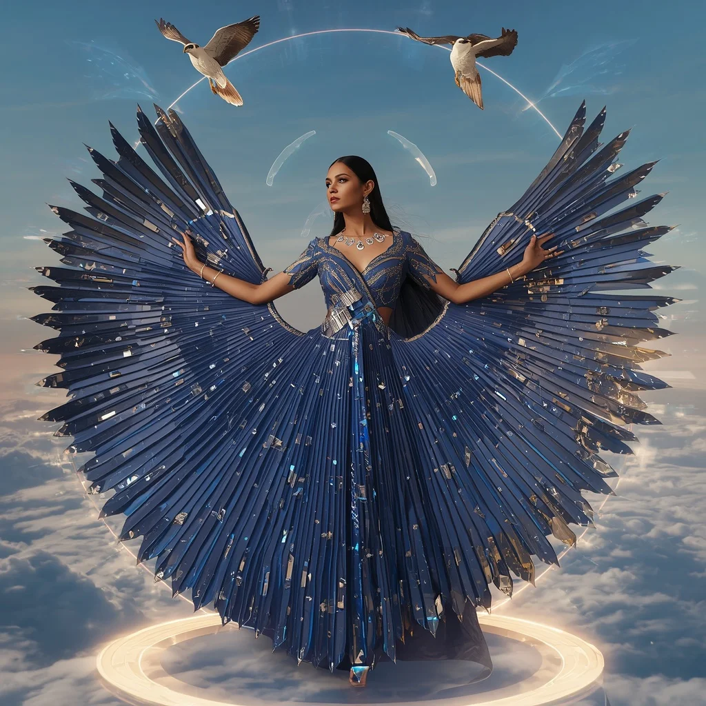 Crystal Mirage Falcon Saree with Floating Horizon Sky Empire | Woman Pose Ai Prompt