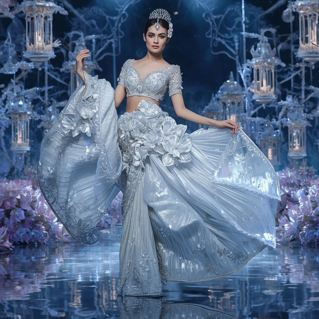 Crystal Moonlight Garden Saree with Floating Silver Blossom Palace | Korean Ai Prompt