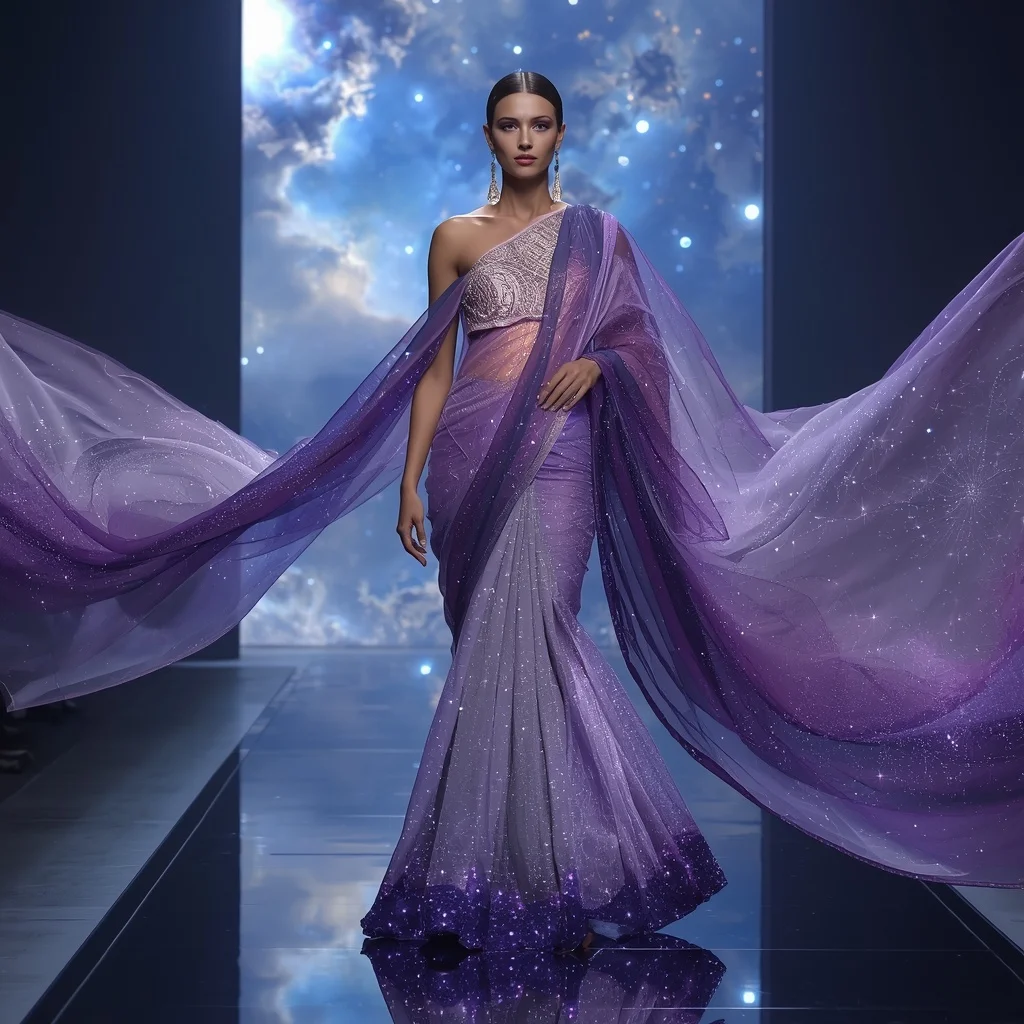 Crystal Nebula Veil Saree with Floating Galaxy Drapes | New Instagram Trend Prompt For Girl And Boy Copy And Paste