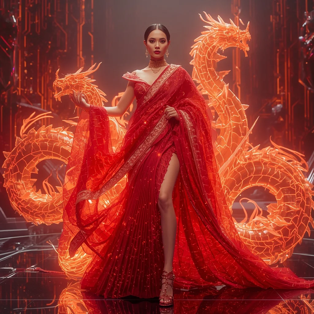 Crystal Neon Dragon Circuit Saree with Cyber Flame Metaverse Kingdom | Ai Prompt For Social Media