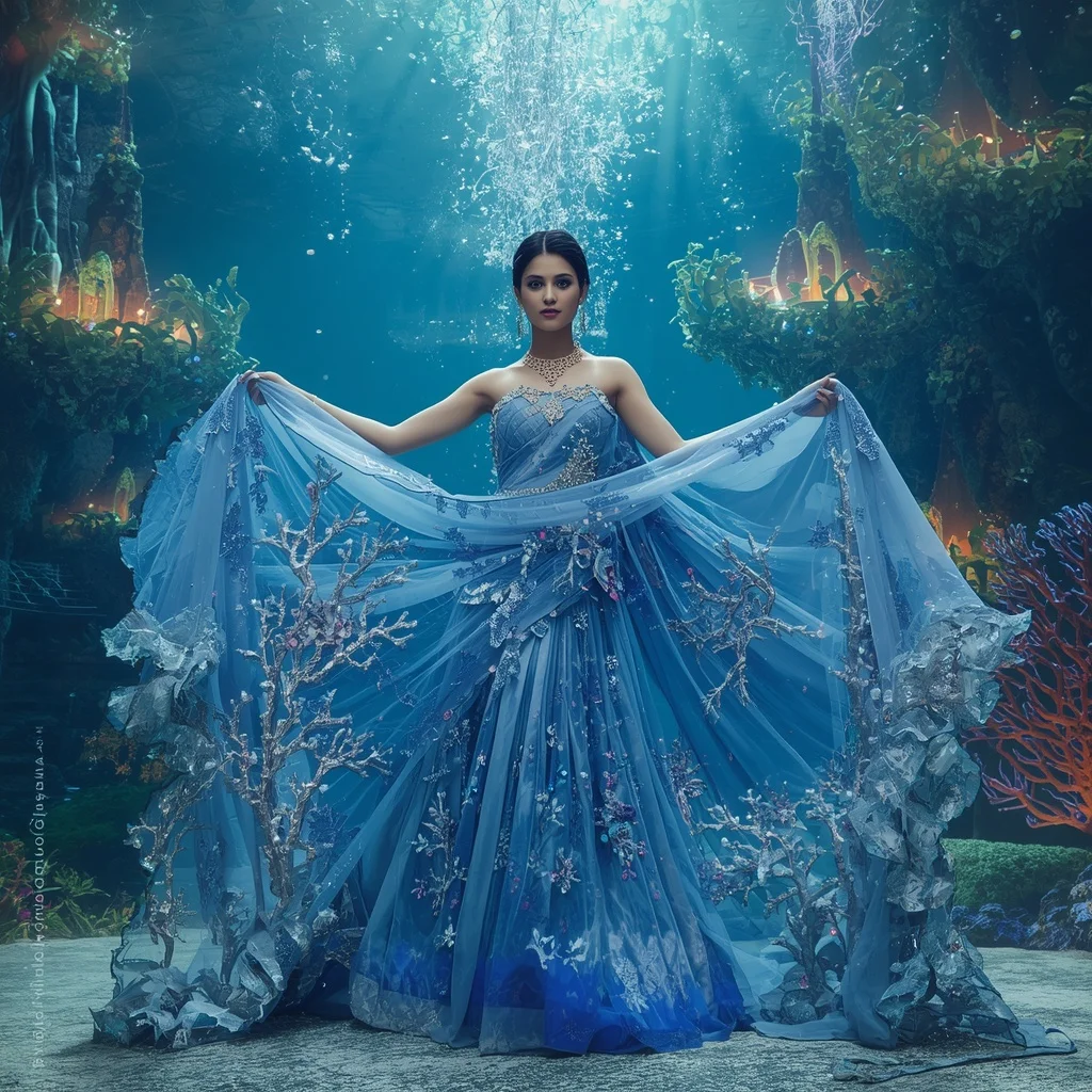Crystal Ocean Temple Saree with Floating Coral Cathedral Kingdom | Ai Portrait Prompt